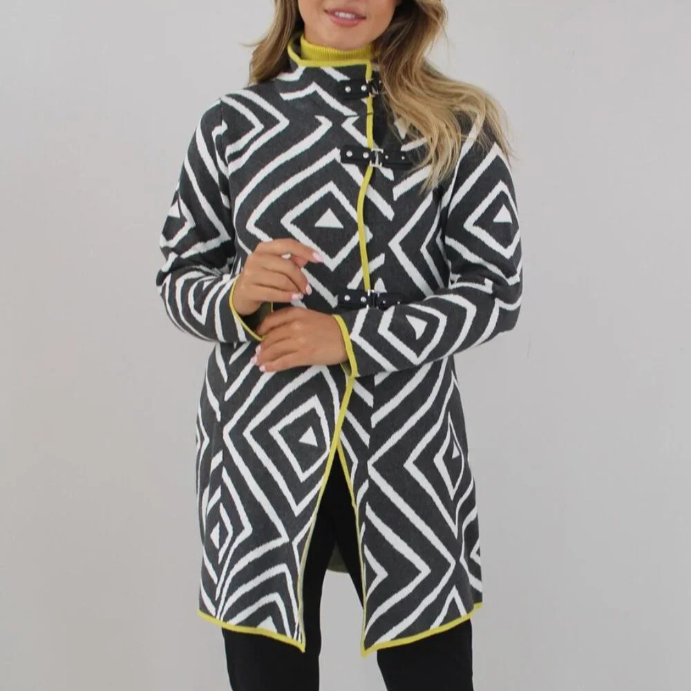 Marble Buckle Detail Longline Art-to-Wear Cardigan Sweater Jacket Size M